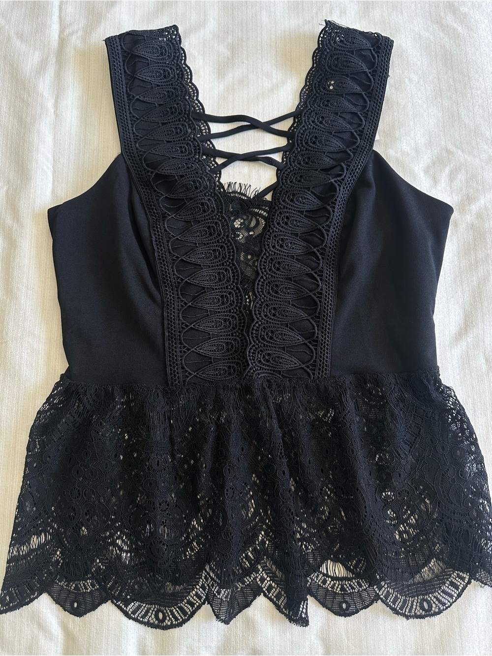 NWT Fashion Nova Black Lace Peplum Cami Strappy Crisscross M